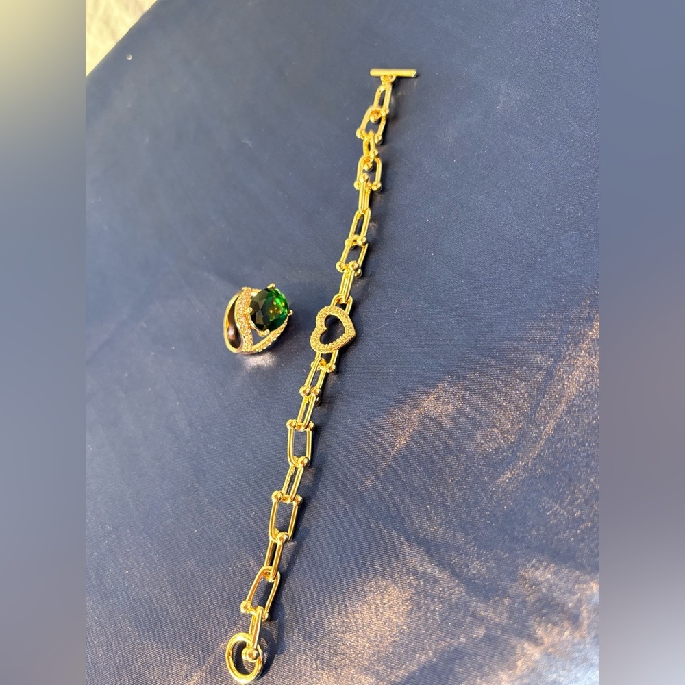 Gold Heart Link Bracelet and Green Stone Ring Set